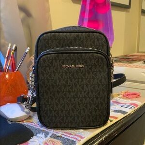 Michael Kors Black Logo Crossbody Bag with Silver Hardware